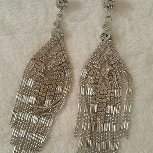 Silver tone rhinestone and silver beads earrings